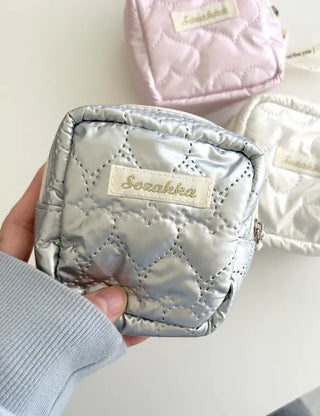 Heart Quilted Pouch Padded Square Mini Silver