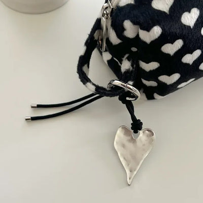 Vintage Matte Heart Strap Bag Charm Keyring Silver Key Holder