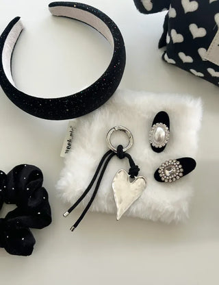 Vintage Matte Heart Strap Bag Charm Keyring Silver Key Holder