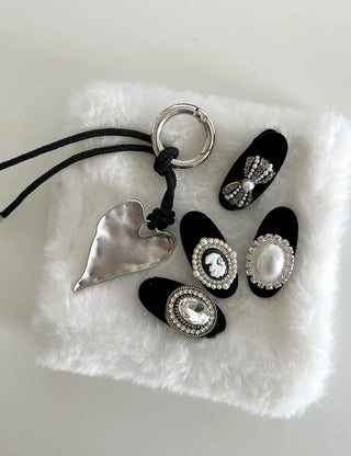 Vintage Matte Heart Strap Bag Charm Keyring Silver Key Holder