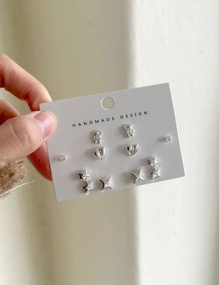 Set of 5 Earrings: Teddy Bear, Star, Cubic Zirconia, Titanium Mini, Merry Shop