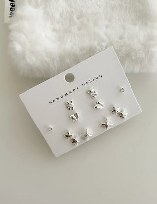 Set of 5 Earrings: Teddy Bear, Star, Cubic Zirconia, Titanium Mini, Merry Shop