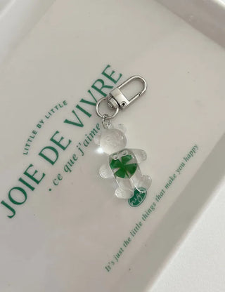 Teddy Bear Transparent Four-Leaf Clover Acrylic Keyring Hook