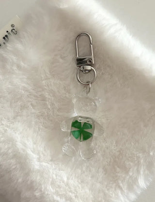 Teddy Bear Transparent Four-Leaf Clover Acrylic Keyring Hook