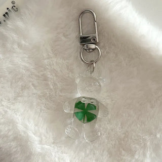 Teddy Bear Transparent Four-Leaf Clover Acrylic Keyring Hook