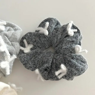 White yarn ribbon big knit scrunchie hair tie