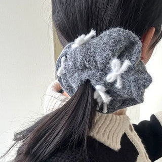 White yarn ribbon big knit scrunchie hair tie