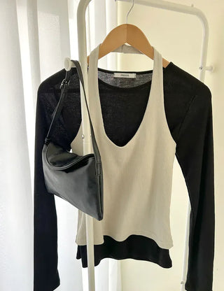 Halter sleeveless t-shirt ribbed layered bustier