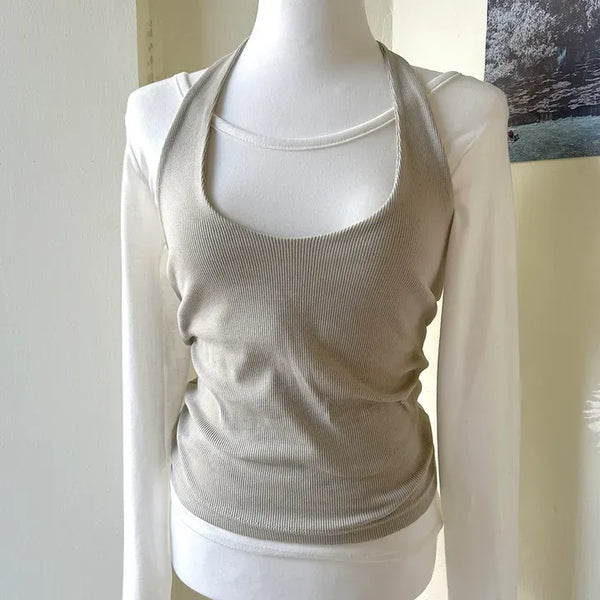 Halter sleeveless t-shirt ribbed layered bustier