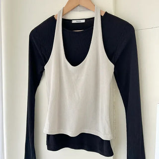 Halter sleeveless t-shirt ribbed layered bustier