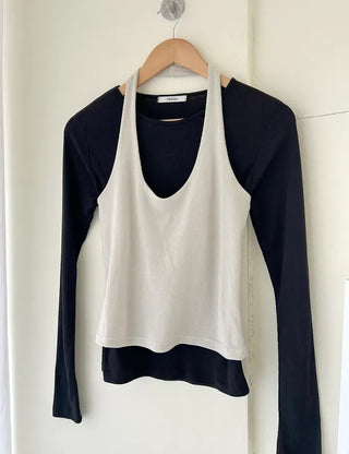 Halter sleeveless t-shirt ribbed layered bustier