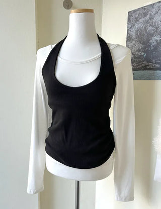 Halter sleeveless t-shirt ribbed layered bustier