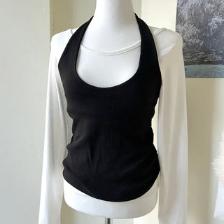 Halter sleeveless t-shirt ribbed layered bustier