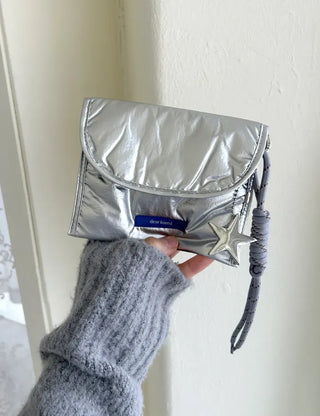 Metallic Card Wallet Round Pouch Silver Mini