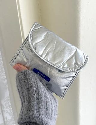 Metallic Card Wallet Round Pouch Silver Mini