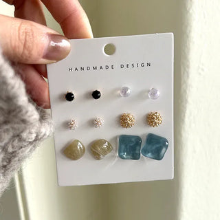 Pair Earring Set Stone Marble Pearl Titanium Mini Earrings