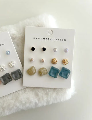 Pair Earring Set Stone Marble Pearl Titanium Mini Earrings
