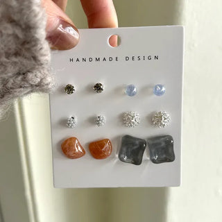 Pair Earring Set Stone Marble Pearl Titanium Mini Earrings