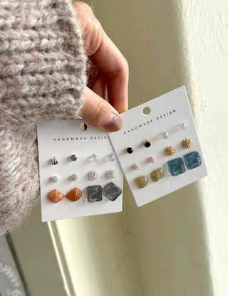 Pair Earring Set Stone Marble Pearl Titanium Mini Earrings