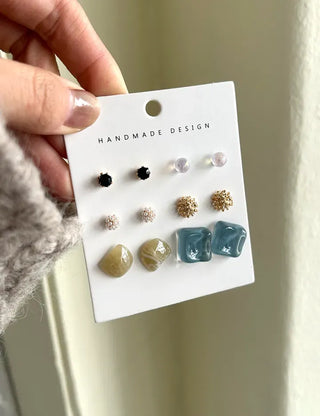 Pair Earring Set Stone Marble Pearl Titanium Mini Earrings