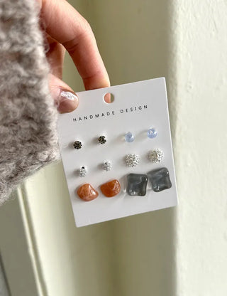 Pair Earring Set Stone Marble Pearl Titanium Mini Earrings