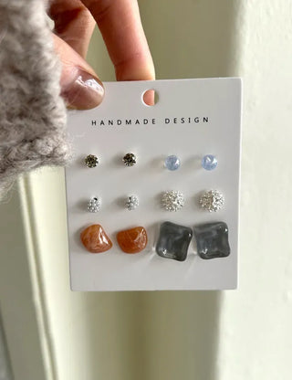 Pair Earring Set Stone Marble Pearl Titanium Mini Earrings