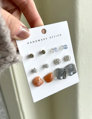Pair Earring Set Stone Marble Pearl Titanium Mini Earrings