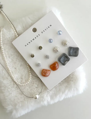 Pair Earring Set Stone Marble Pearl Titanium Mini Earrings