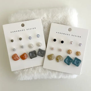 Pair Earring Set Stone Marble Pearl Titanium Mini Earrings