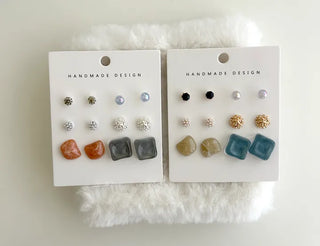 Pair Earring Set Stone Marble Pearl Titanium Mini Earrings
