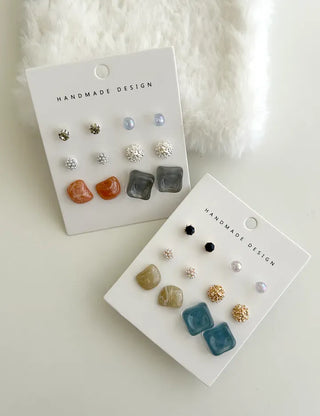 Pair Earring Set Stone Marble Pearl Titanium Mini Earrings