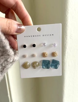 Pair Earring Set Stone Marble Pearl Titanium Mini Earrings