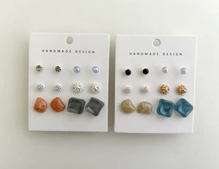 Pair Earring Set Stone Marble Pearl Titanium Mini Earrings