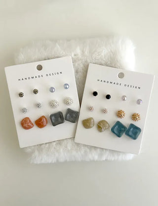 Pair Earring Set Stone Marble Pearl Titanium Mini Earrings
