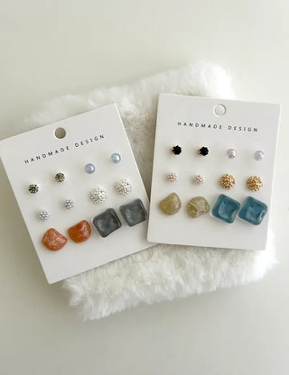Pair Earring Set Stone Marble Pearl Titanium Mini Earrings
