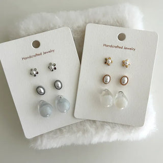 Pair Set Flower Earrings Bell Pearl Titanium Mini