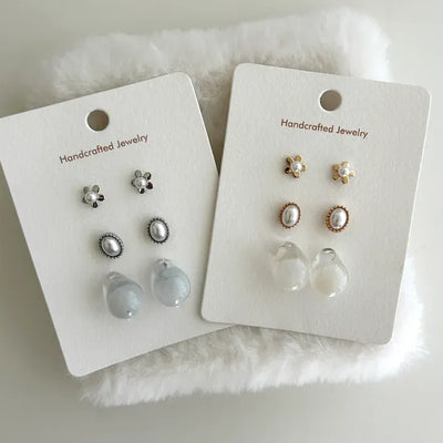 Pair Set Flower Earrings Bell Pearl Titanium Mini