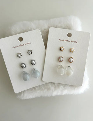 Pair Set Flower Earrings Bell Pearl Titanium Mini