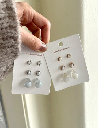 Pair Set Flower Earrings Bell Pearl Titanium Mini