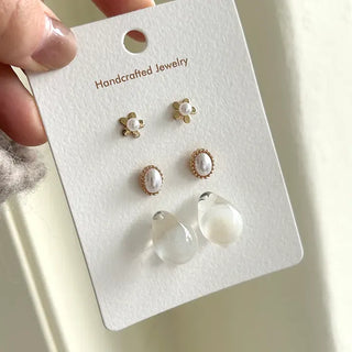Pair Set Flower Earrings Bell Pearl Titanium Mini