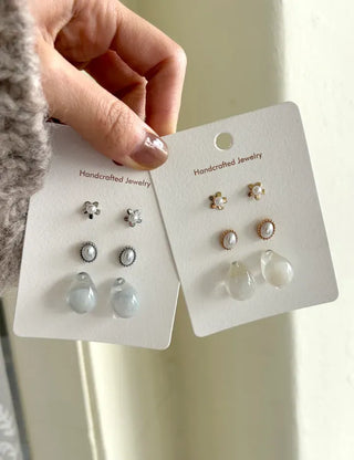 Pair Set Flower Earrings Bell Pearl Titanium Mini