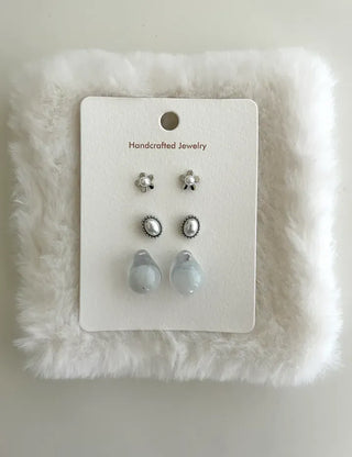 Pair Set Flower Earrings Bell Pearl Titanium Mini