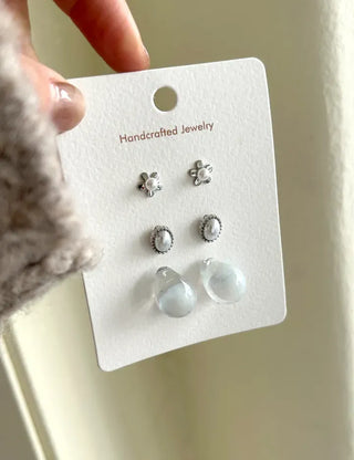 Pair Set Flower Earrings Bell Pearl Titanium Mini