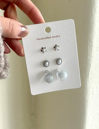 Pair Set Flower Earrings Bell Pearl Titanium Mini