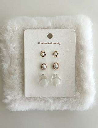 Pair Set Flower Earrings Bell Pearl Titanium Mini