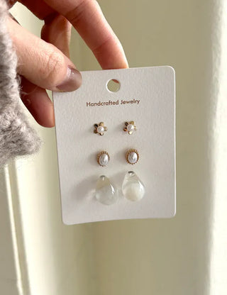 Pair Set Flower Earrings Bell Pearl Titanium Mini