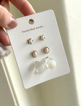Pair Set Flower Earrings Bell Pearl Titanium Mini
