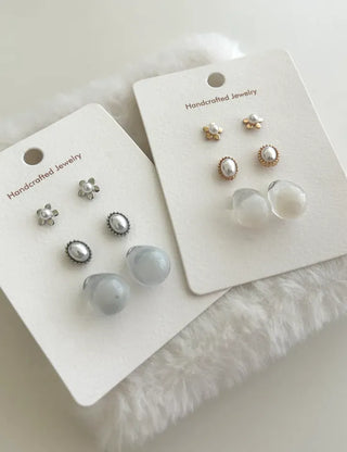 Pair Set Flower Earrings Bell Pearl Titanium Mini