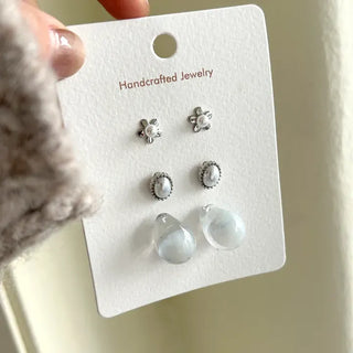 Pair Set Flower Earrings Bell Pearl Titanium Mini