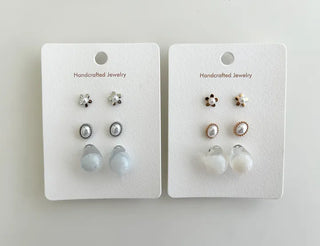 Pair Set Flower Earrings Bell Pearl Titanium Mini